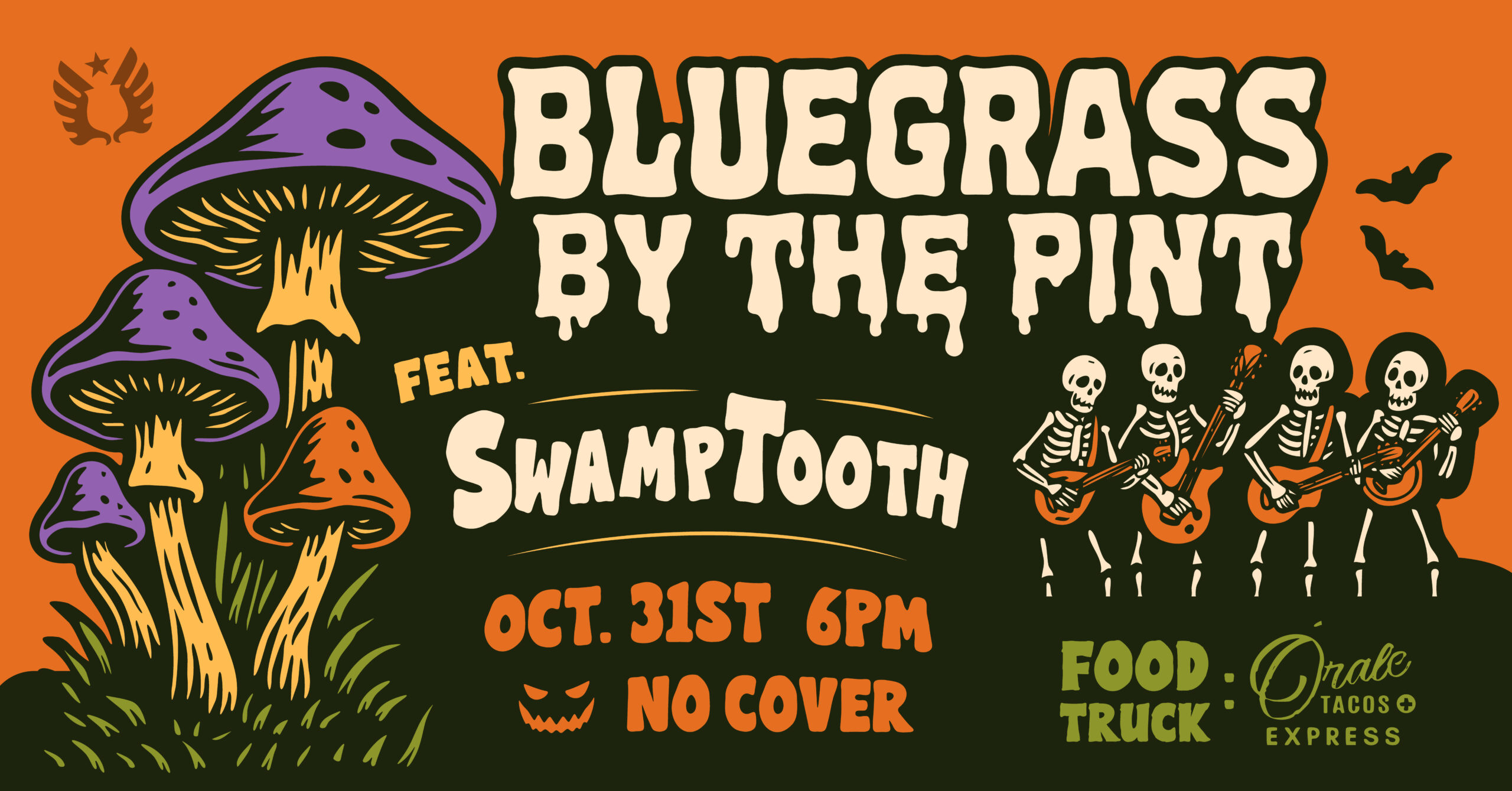 Join Service Brewing on October 31st at 6PM for a spooky Bluegrass by the Pint Halloween show, featuring local string-picking favorites, Swamptooth! Enjoy a cold beer, great tunes, and get in the spirit.